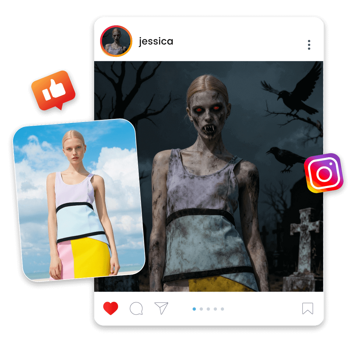 Tunr a photo of a fashion lady into a zombine and share it on social media