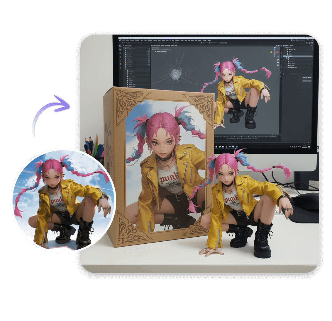 Turn a anime girl photo into a 3d figurine