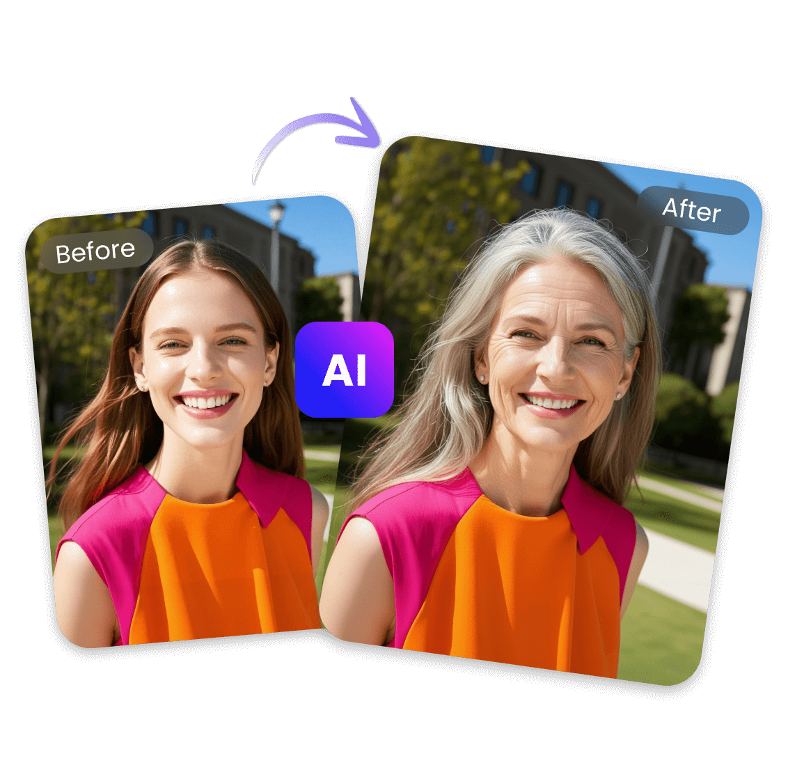 Turn a beautiful young lady into a senior lady with gray hair with clipfly old filter