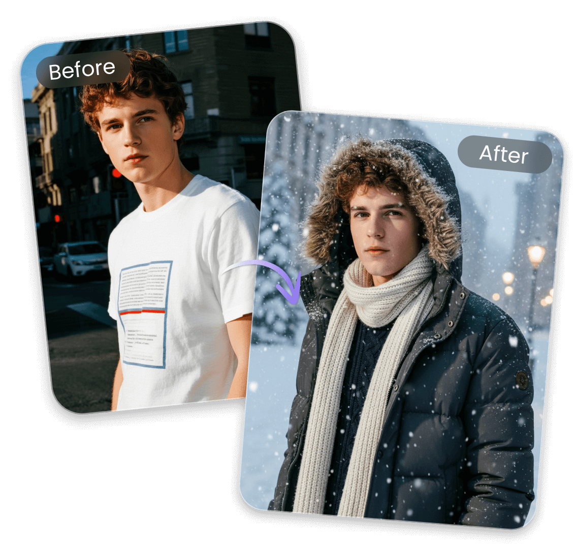 女の子の写真を縦長3分割の冬ビジュアルに変換してAI雪トレンドに参加