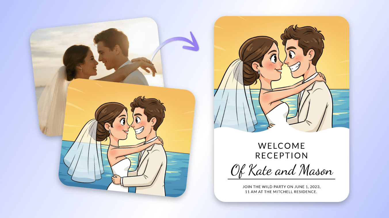 Turn a couple photo into a cartoon style caricature for wedding invitation