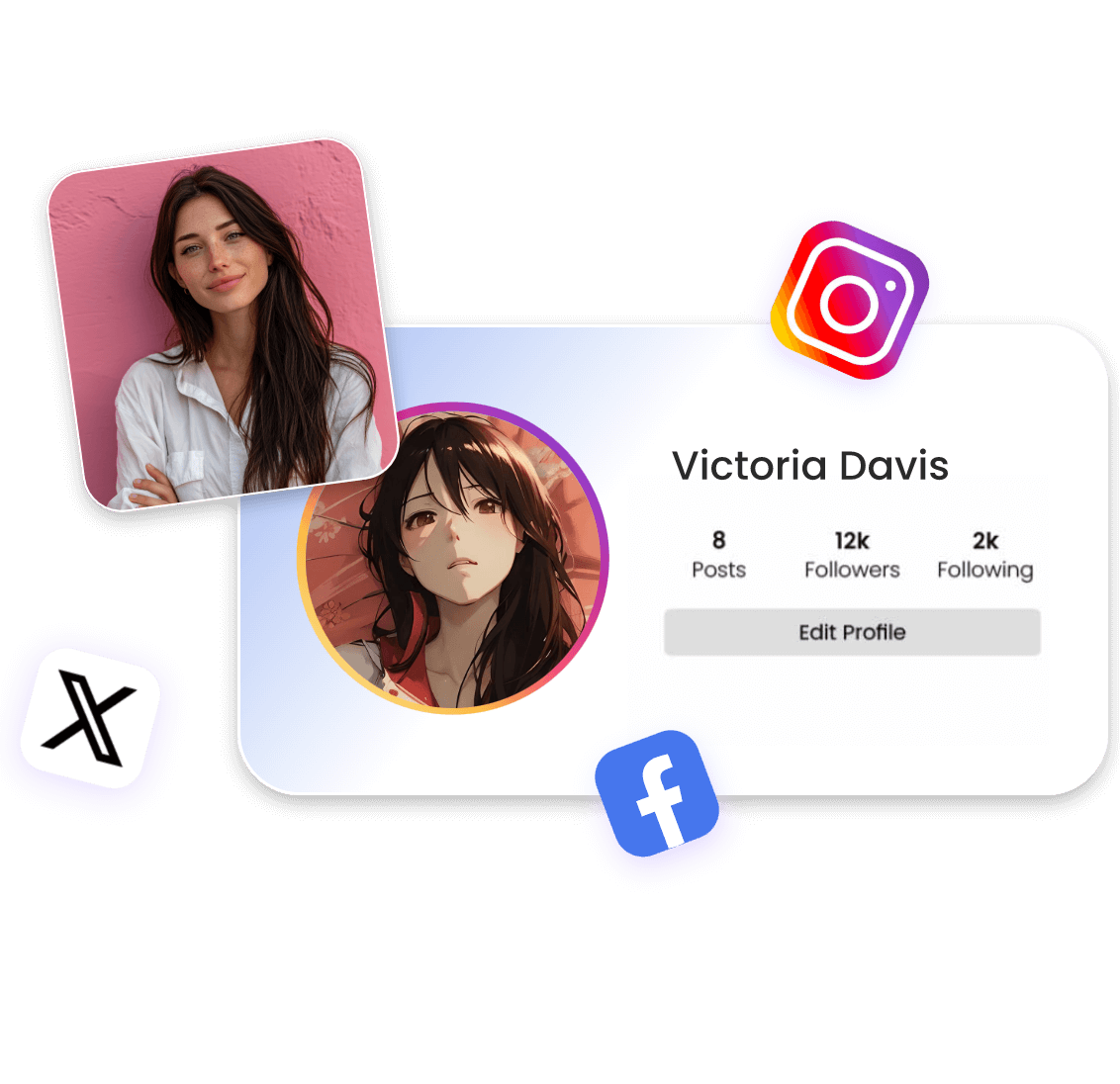 女性のポートレート写真をアニメ風に変換しソーシャルメディアのプロフィール画像として使用