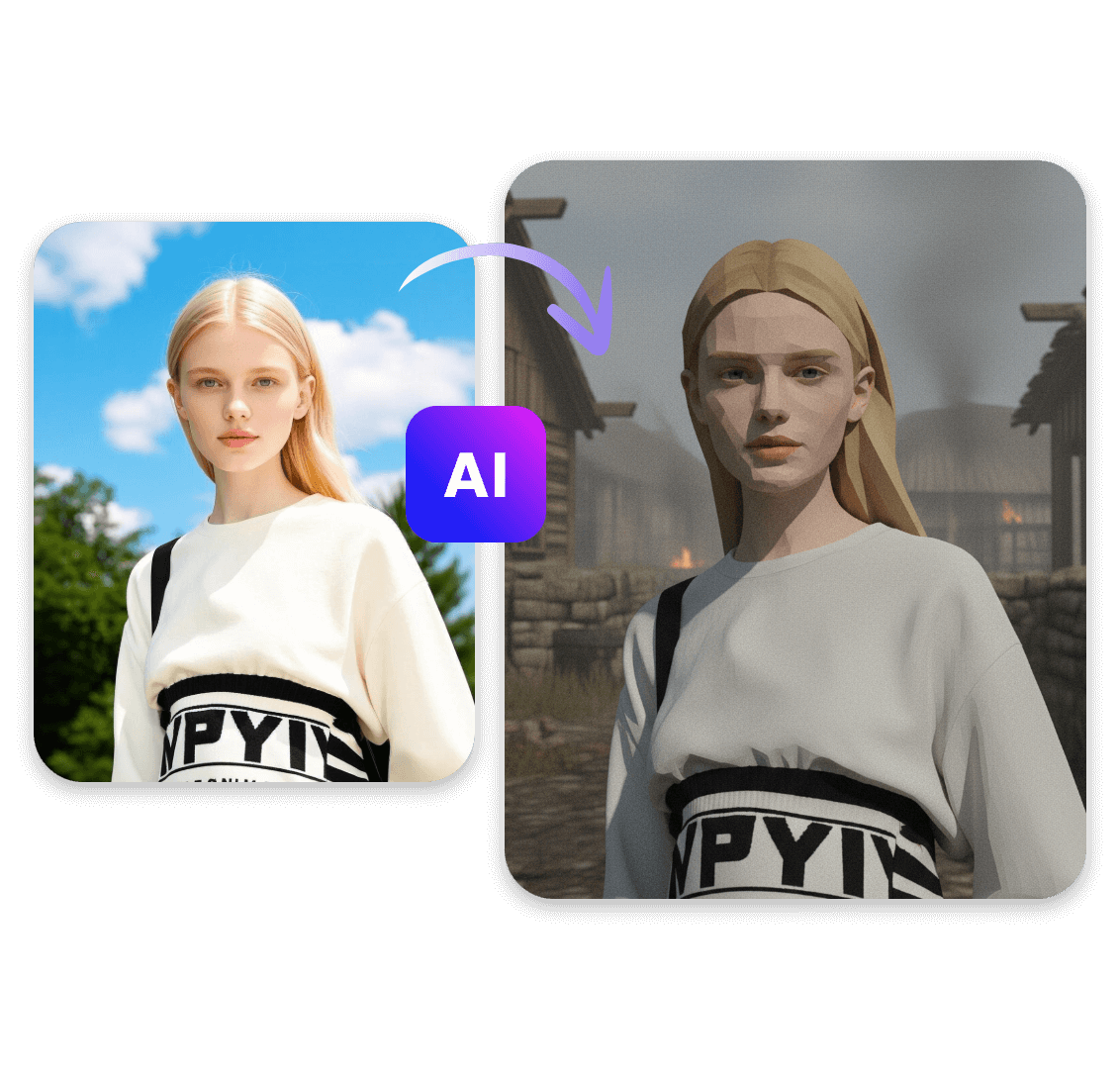 Turn a lady with blonde hair and a white clothing into ps2 style with clipfly ps2 filter