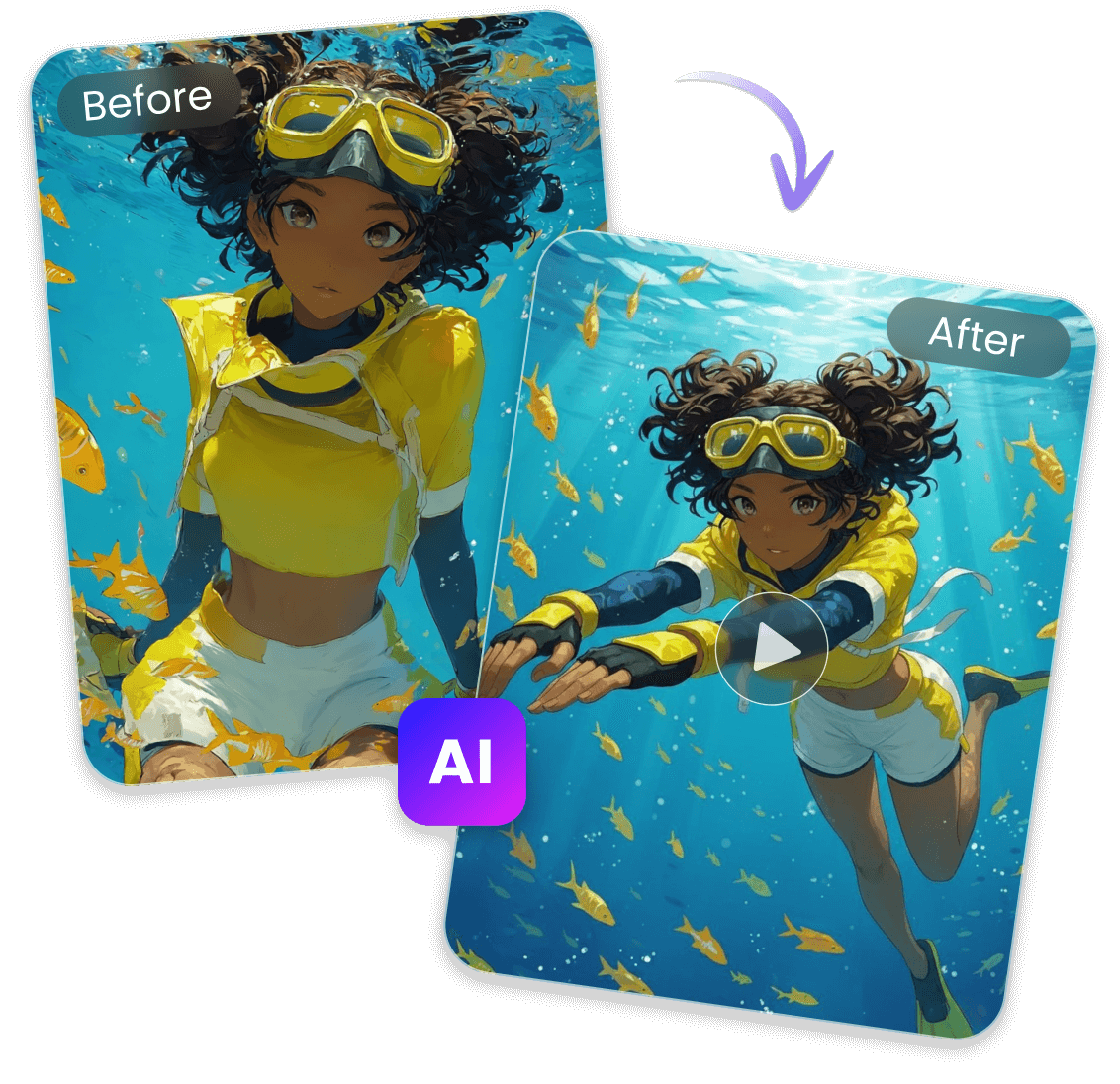 Turn a photo of a cartoon black girl into a video featuring her swimming