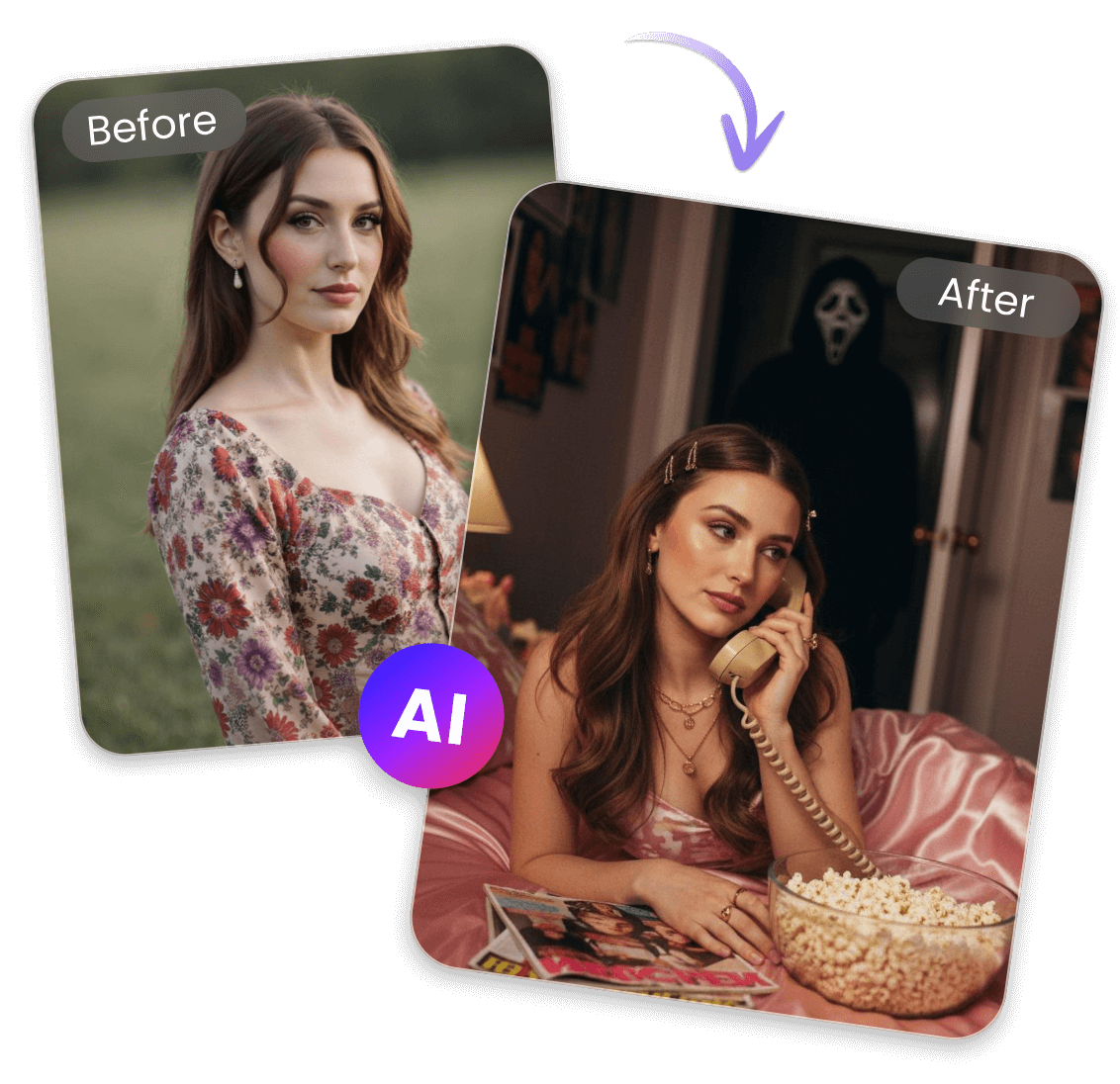 Turn a photo of a girl in a flowery dress into an ai ghostface photo