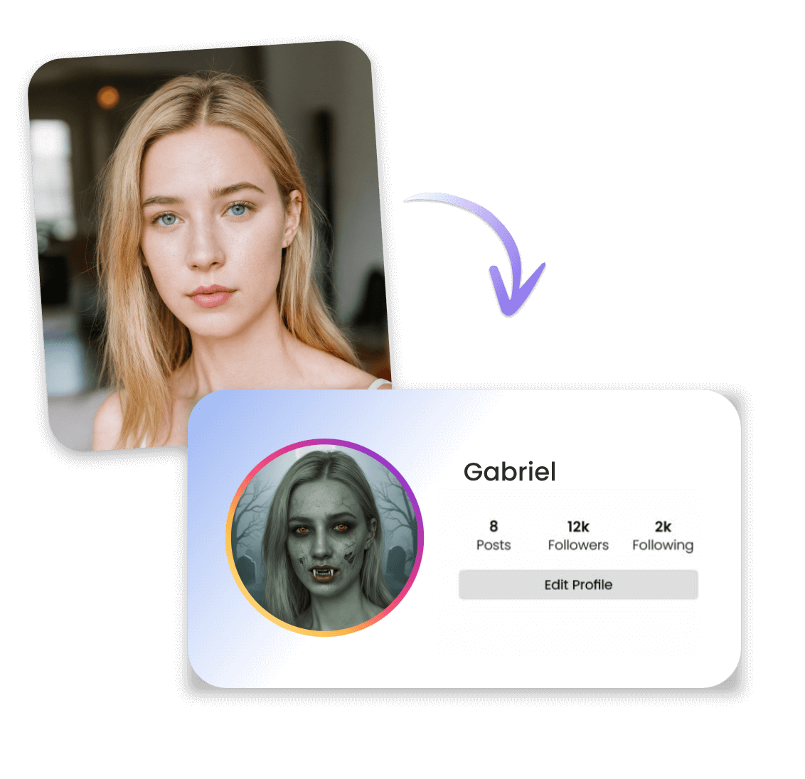Turn a photo of a lady into a zombie and use it as a social media pfp