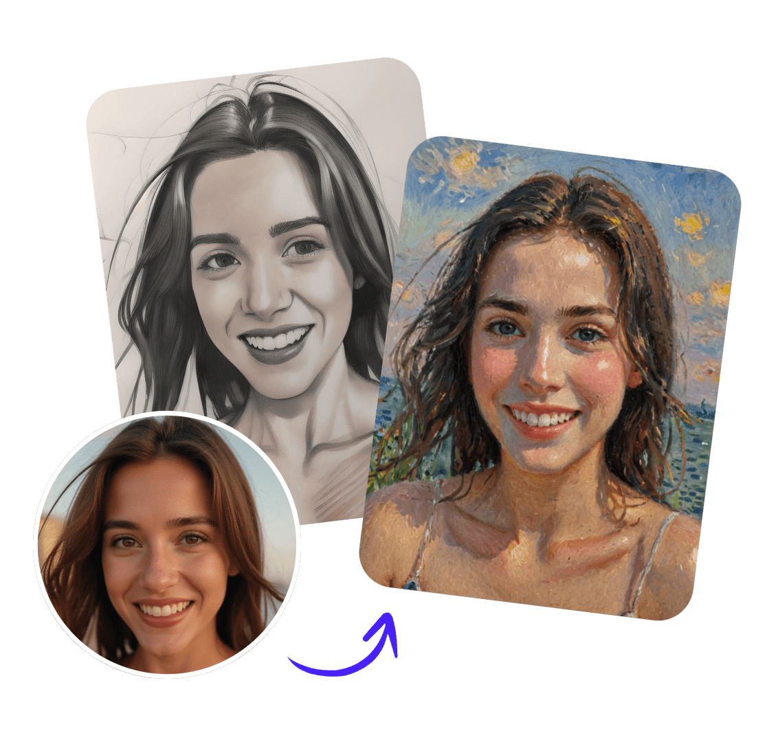 Transforme a foto de uma senhora em imagens no estilo esboço e aquarela