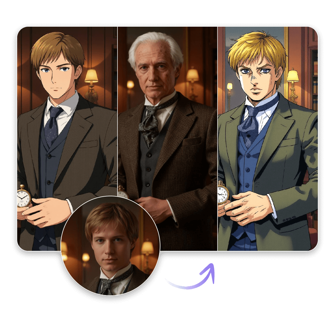 Turn a photo of a man into three different styles with Qwen AI model on Clipfly