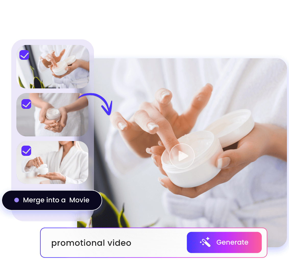 Turn a photo of a skincare presentation into ai promo videos and merge them
