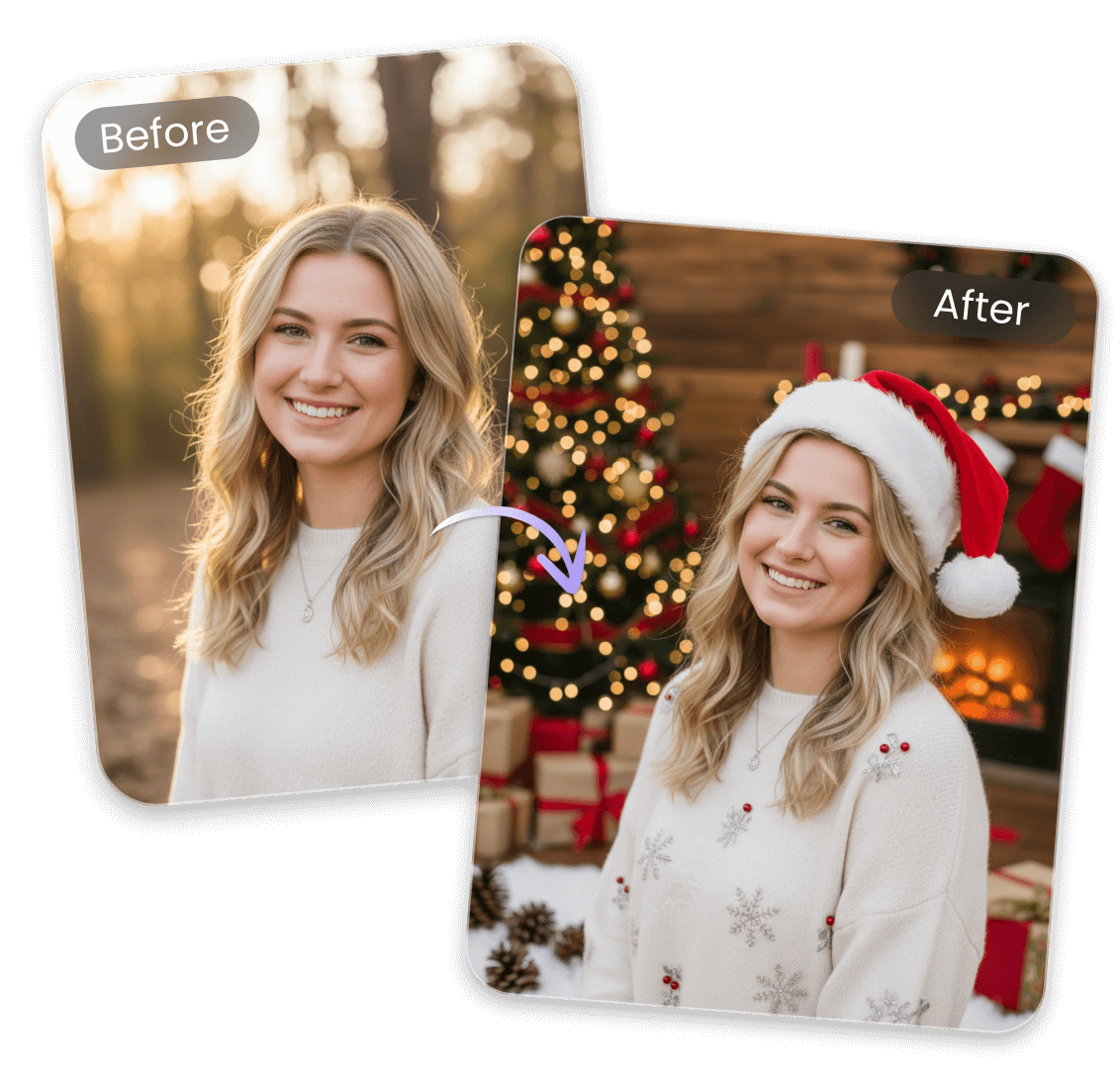 自撮り写真をきらびやかな背景の画像へクリスマス加工したビフォーアフター