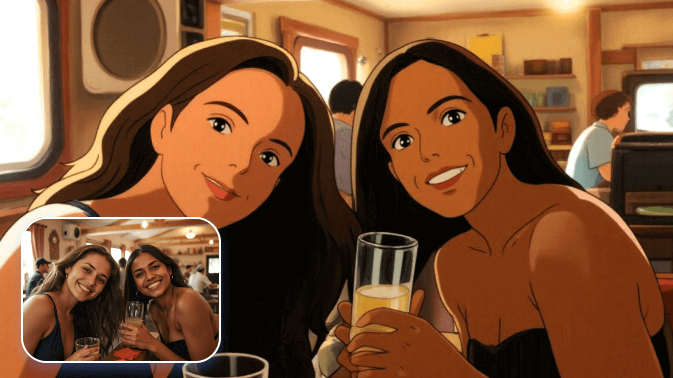 Ein Gruppenfoto von zwei Frauen in Studio Ghibli Stil umwandeln