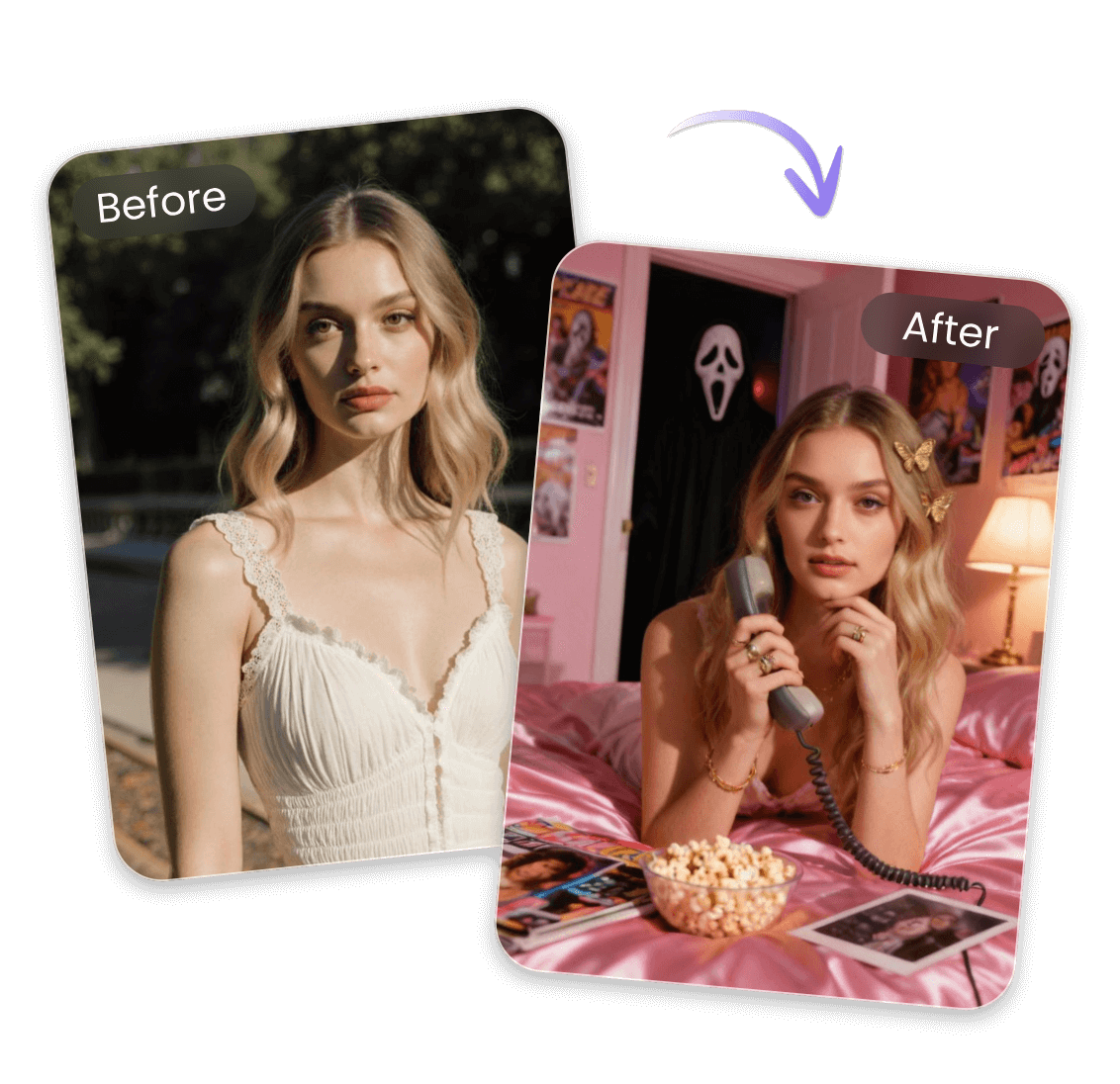 Turn a photo oif a blond long hair lady into a ghostface ai photo