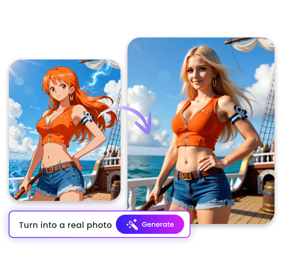 Turn a picture of a beautiful anime girl with orange hair into realistic picture with clipfly cartoon to realistic ai