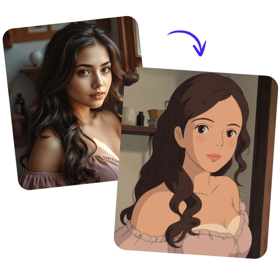 Ein Porträt einer Frau mit schwarzen Haaren und pinkem Kleid im Ghibli-Stil umwandeln