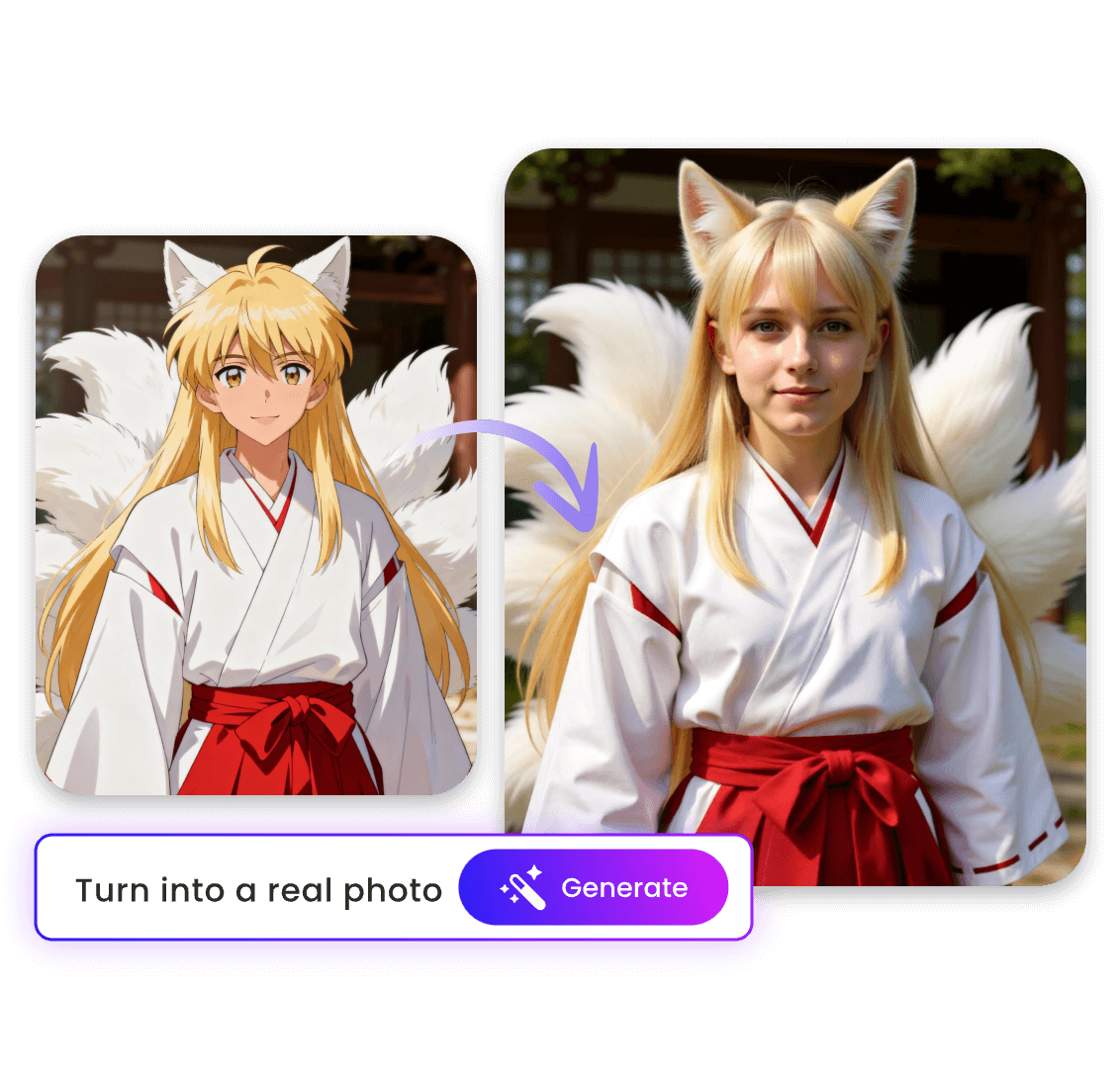 Turn a picture of an anime girl with fox tails into a realistic photo with clipfly cartoon to realistic ai