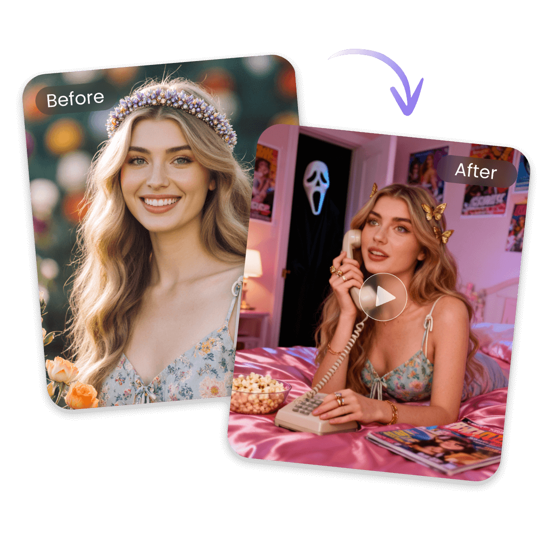 Turn a selfie of a woman into a ghostface theme picture with clipfly halloween video filter