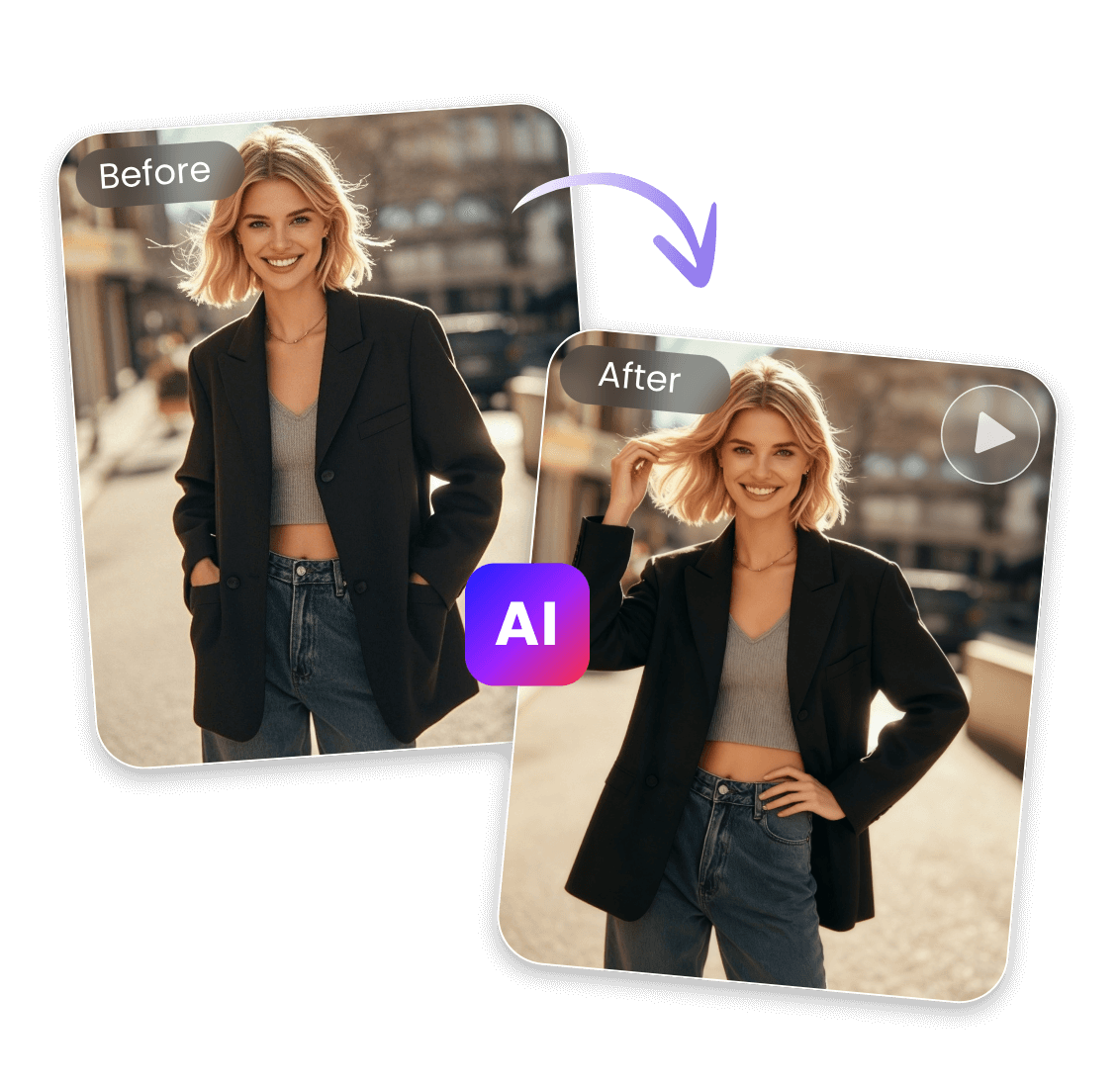 Turn a still photo of a standing woman into a video in clipfly