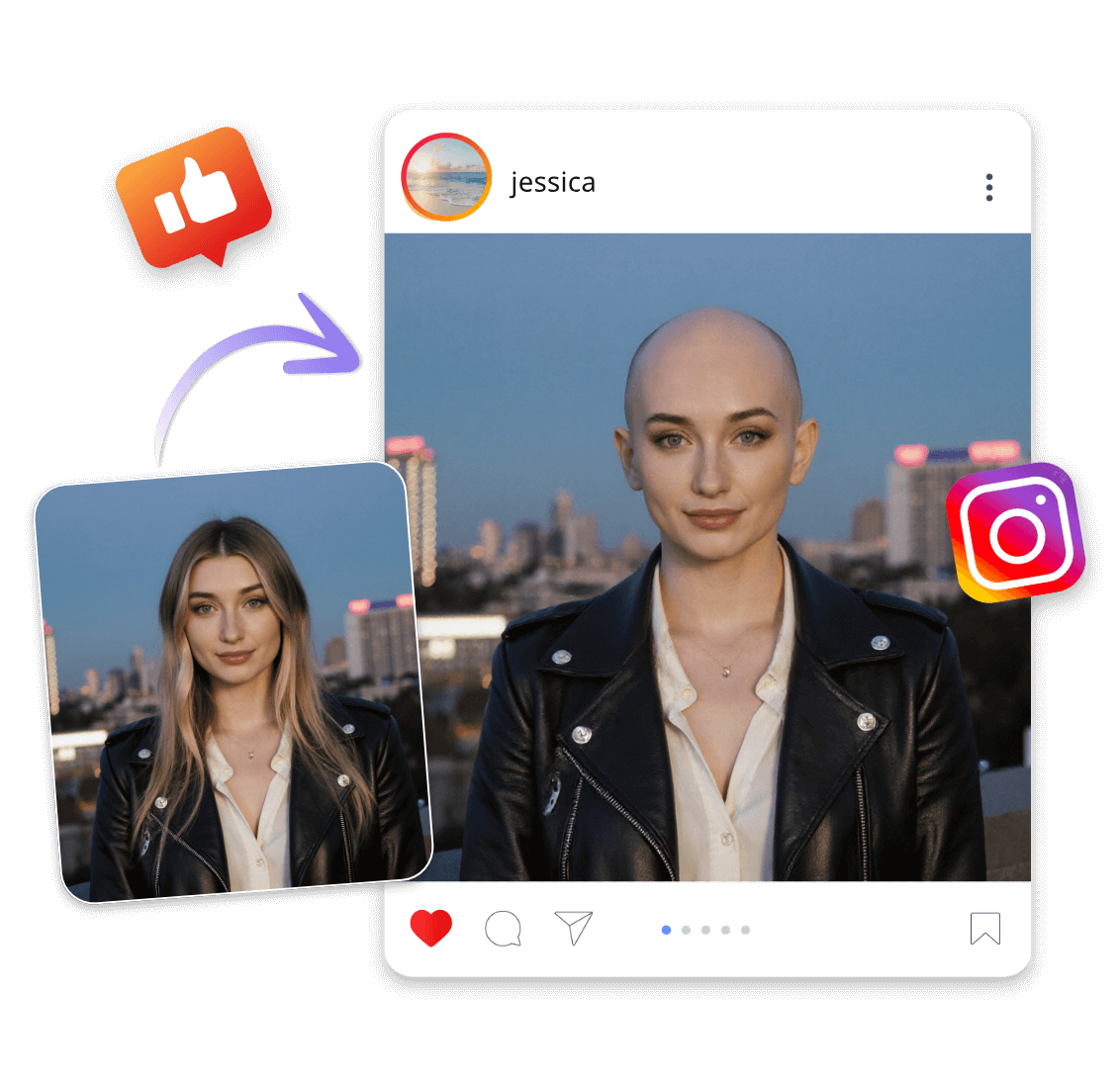 Turn a woman in a photo into a bald look and share it on social media