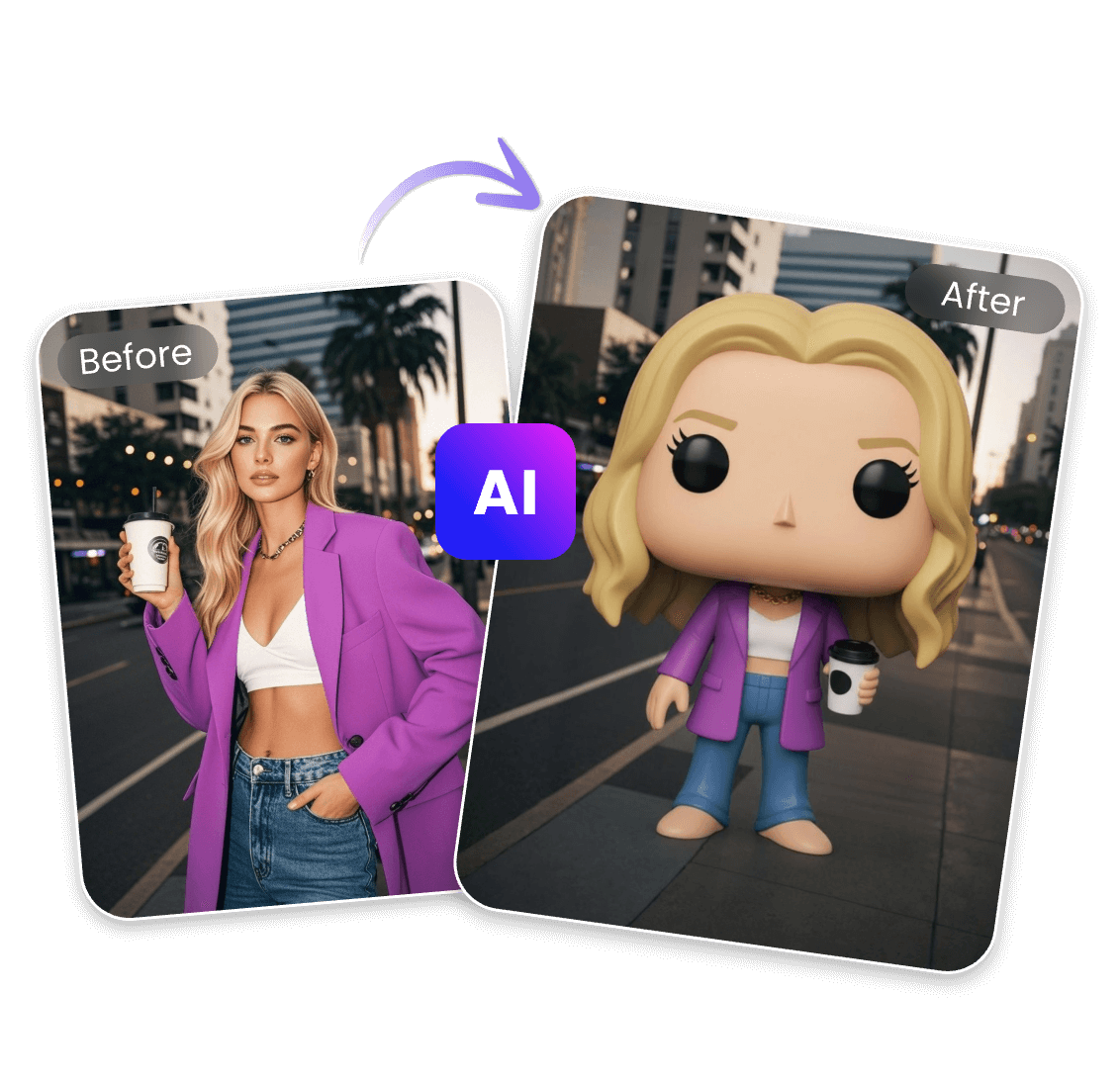 Turn a woman in purple holding a cup of coffee into a funko pop figure with clipfly funko pop maker