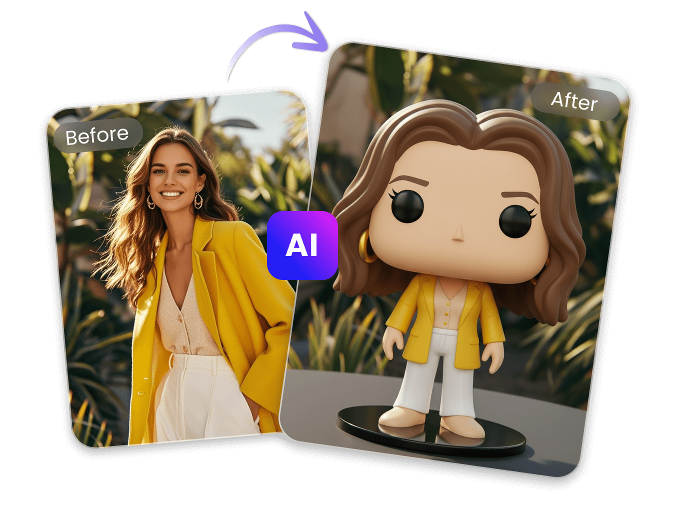 Turn a woman in yellow with long brown hair into a funko pop figure with clipfly funko pop maker