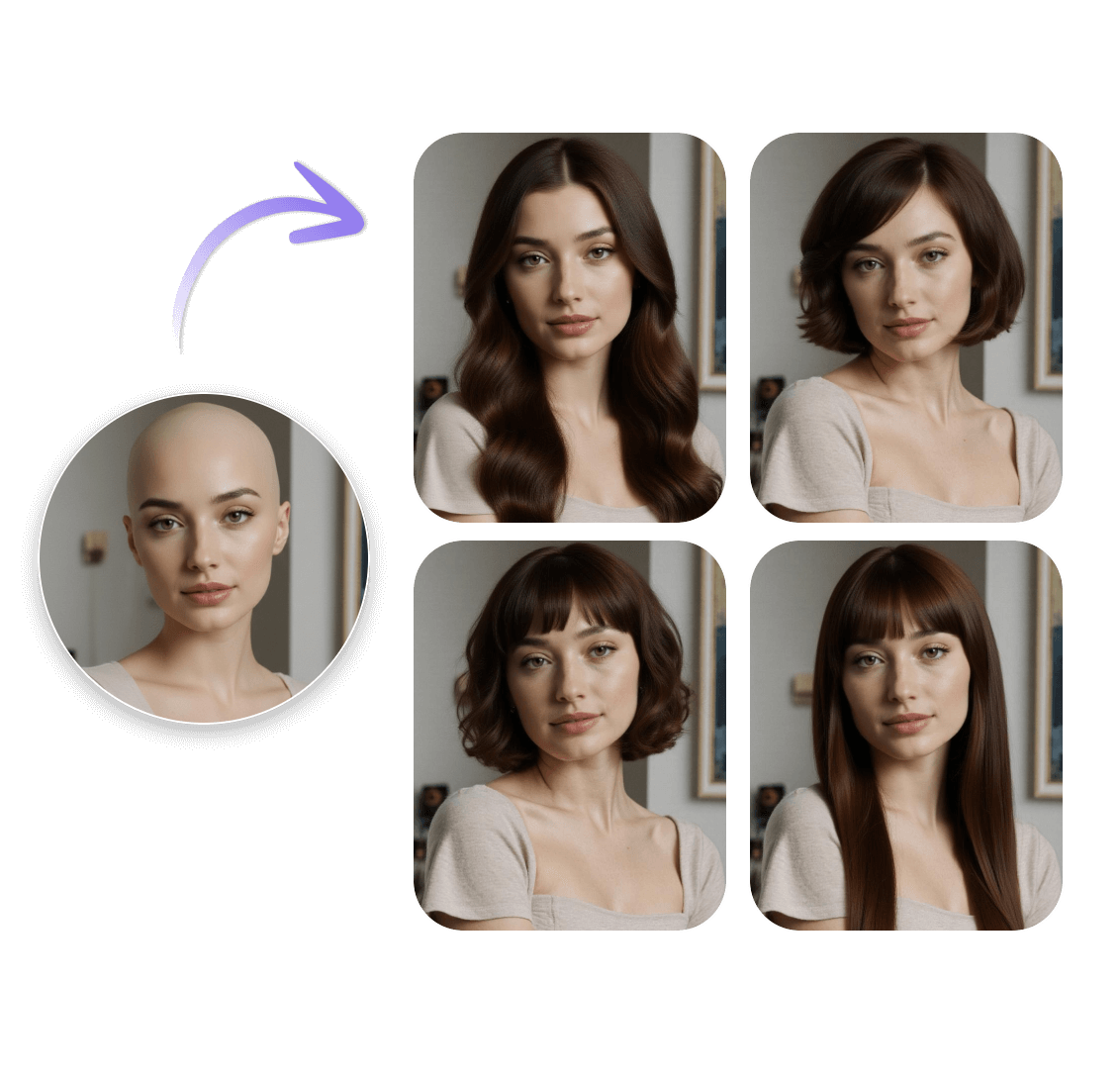 Turn a woman into a bald look and try on new different hairstyles