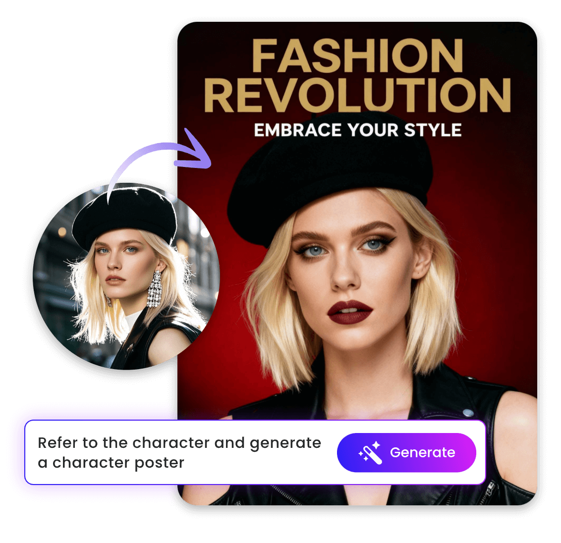 Turn a woman selfie into a fashion model poster with clipfly ai poster generator
