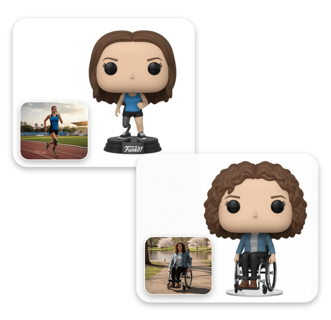 Turn a woman with a prosthetic limb and a woman using wheel chair into funko pop figures