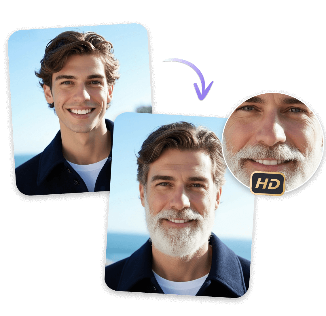Turn a young man into an old man with white beard at a high quality