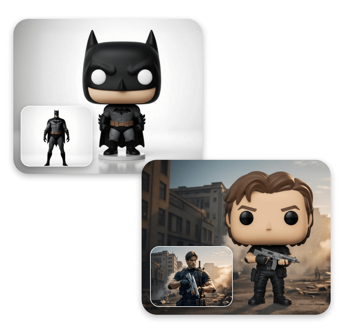 Turn an american comic icon and a video game character into funko pop figures with clipfly funko pop maker