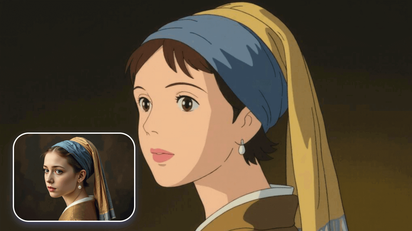 Das Kunstwerk eines Mädchen mit Perlenringen mit Clipfly KI in ein Ghibli-Bild umwandeln