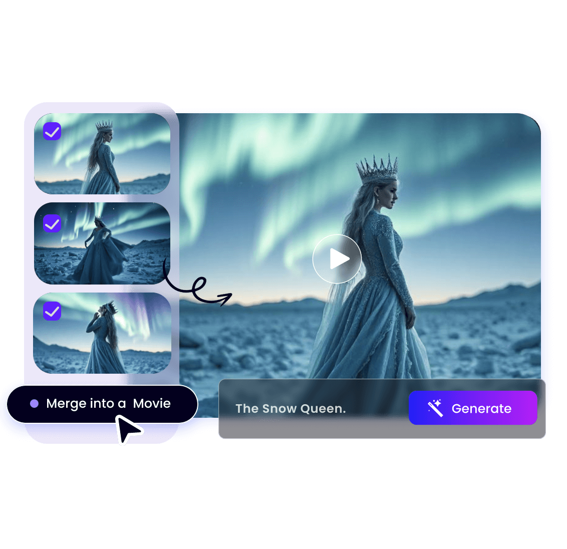 transforme texto em vídeos de uma mulher vestindo vestido branco e una esses clipes em um filme com um clique