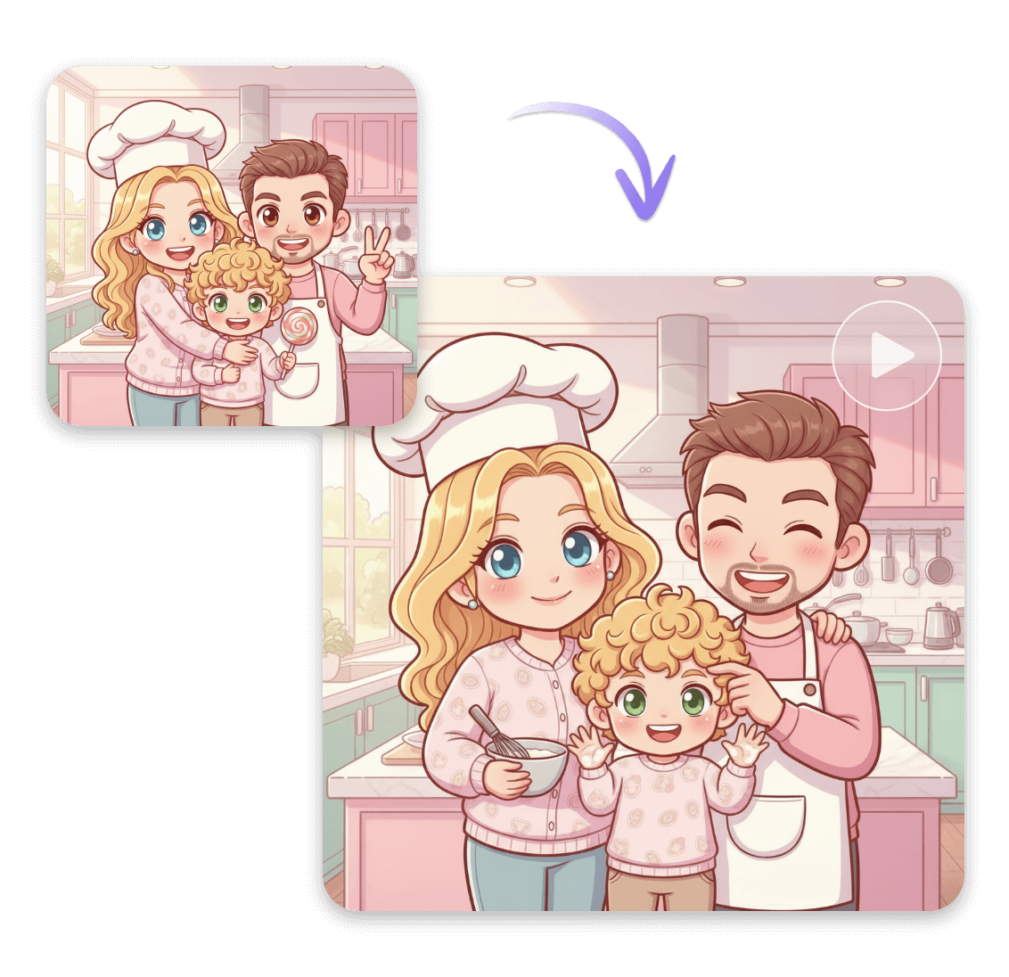 Turn the chibi style family photo into a vivid clip