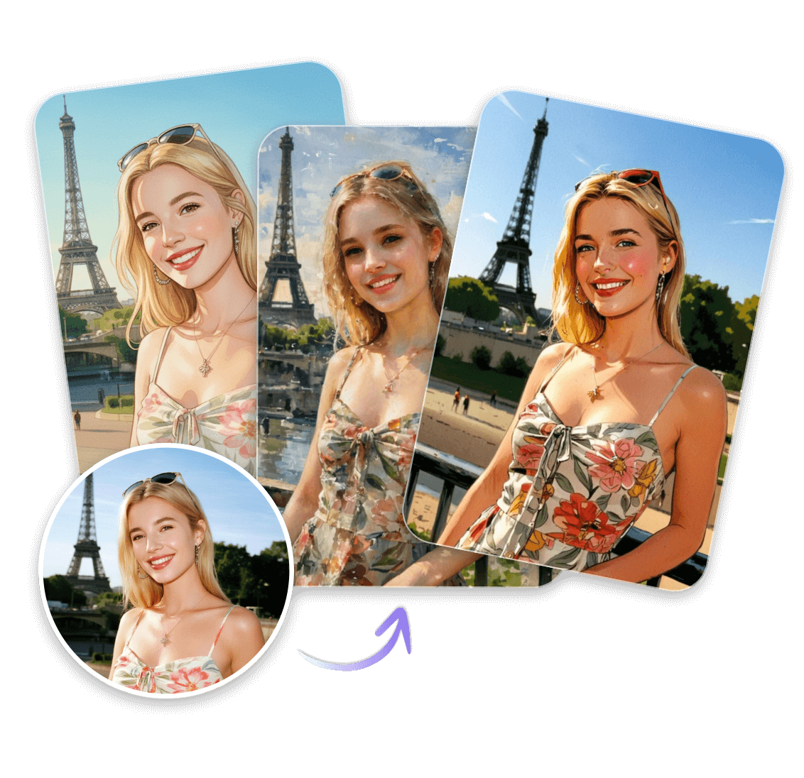 Turn the woman selfie into three art styles with the nano banana pro ai image editor