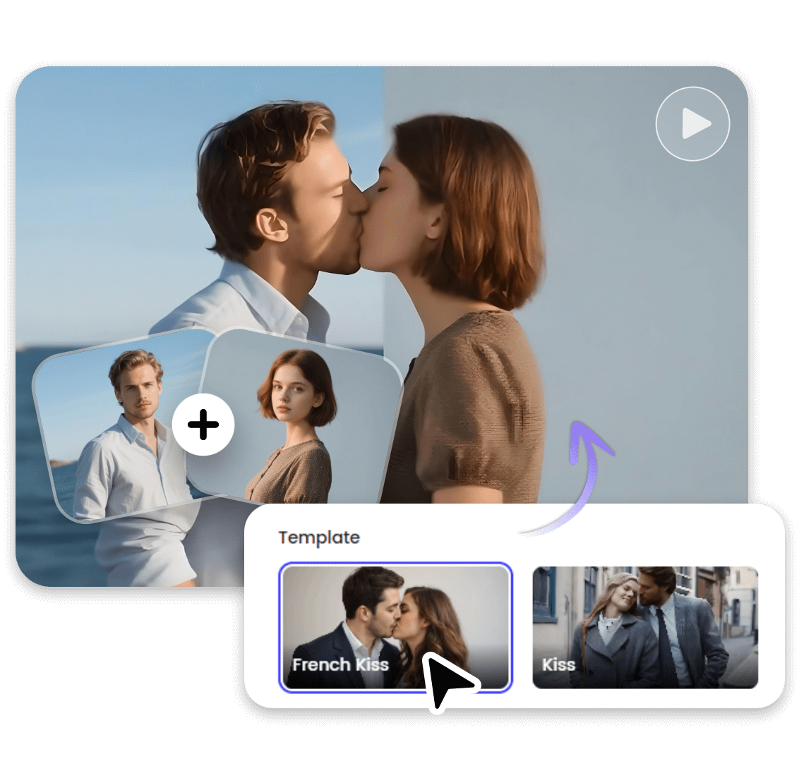 Turn two portrait photos into an ai french kiss video featuring a man and a woman
