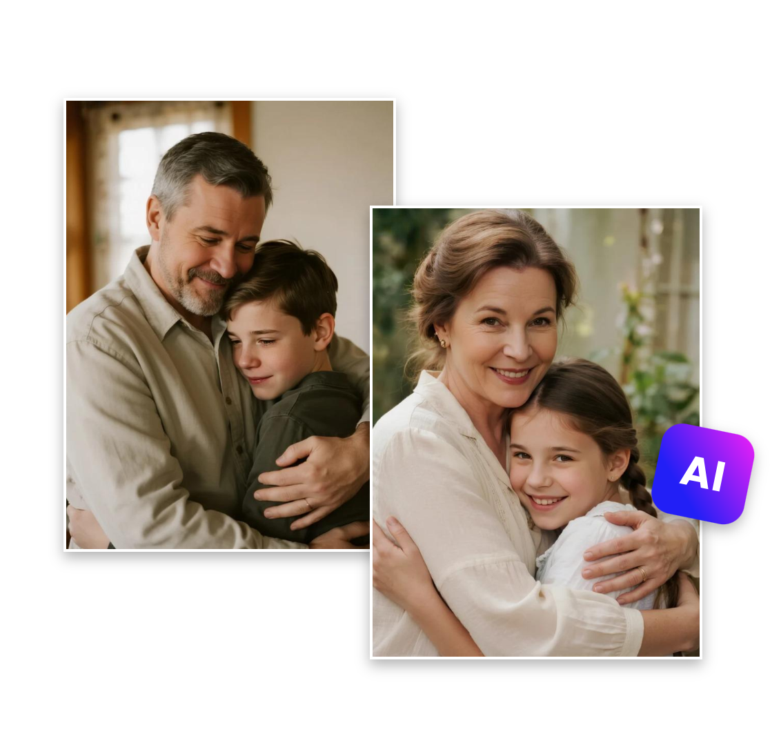 Two persons hugging their younger self