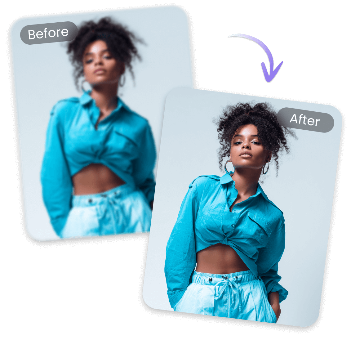 Unblur image featuring a woman in blur shirt