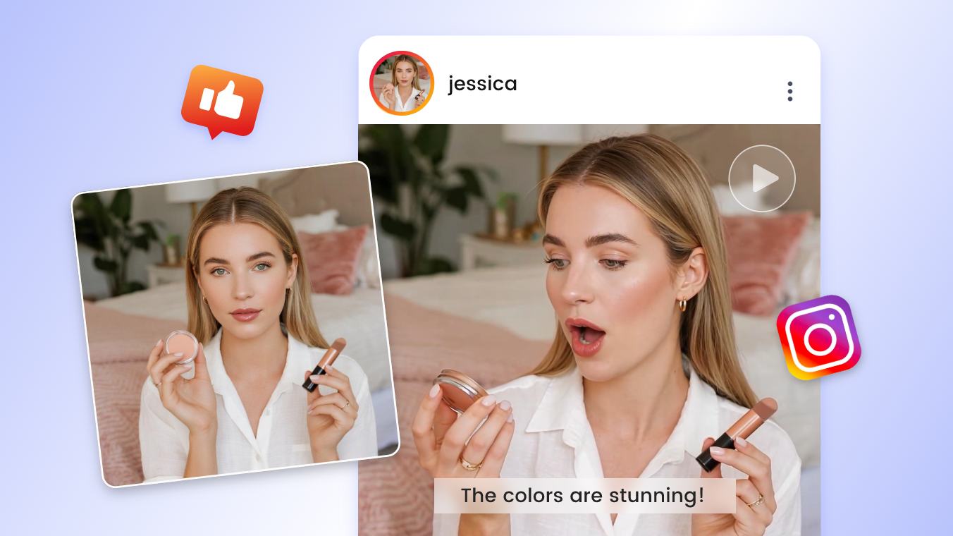 une influenceuse IA portant une chemise blanche publie sa vidéo de beauté sur Instagram