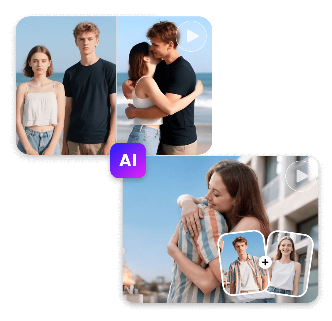 Upload a couple photo or two different person photos to generate an ai hug video