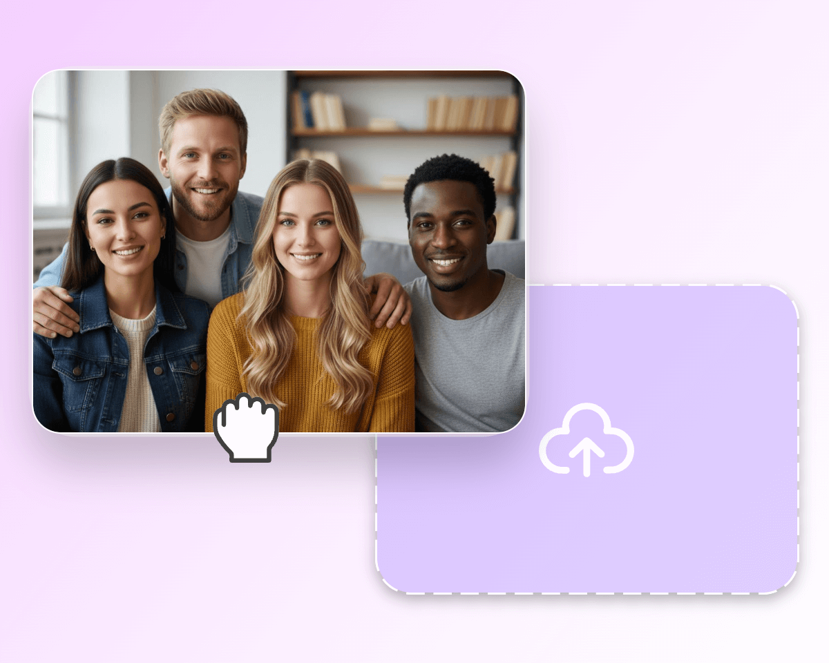 Upload a group photo of four people onto clipfly elf video maker