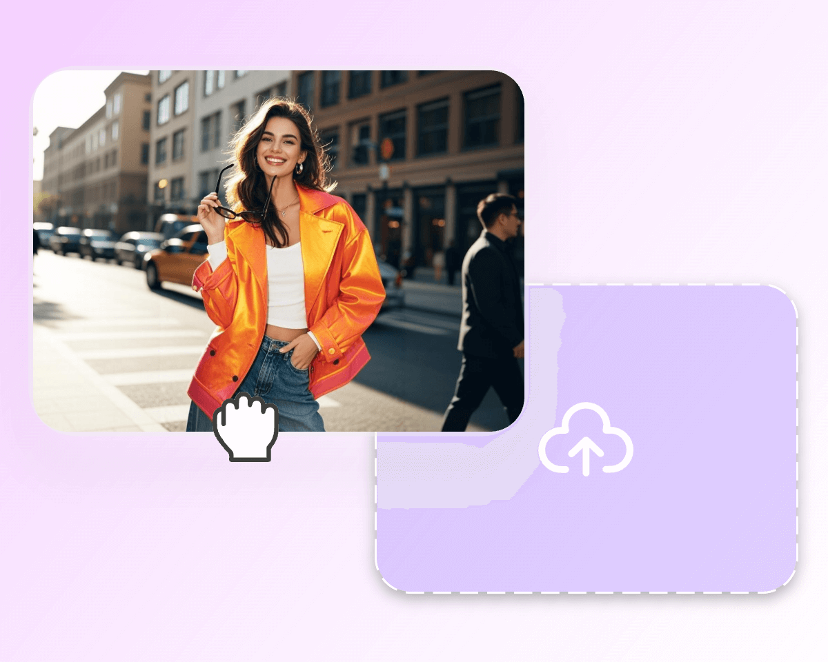 Upload a photo of a woman in orange standing on the street