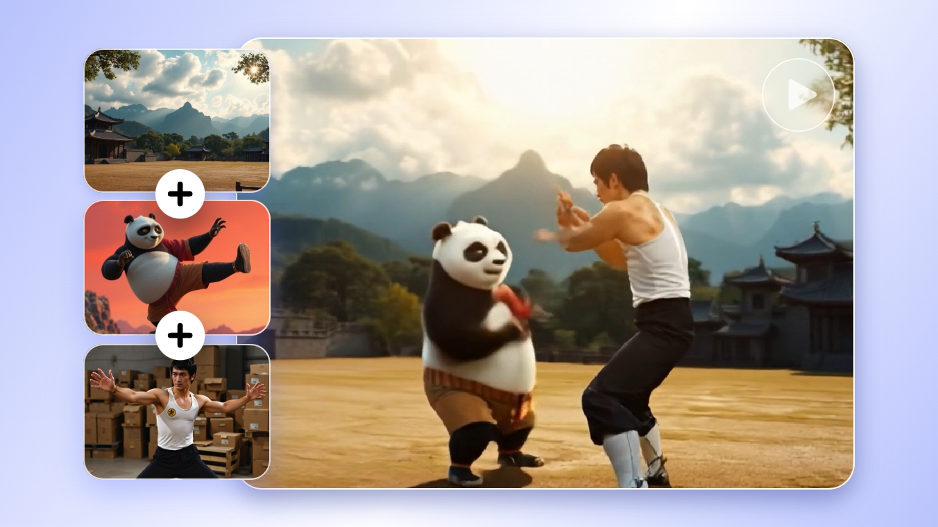 Upload three images o Clipfly AI video generator as the reference to create a cohesive video story featuring a man fighting with a panda