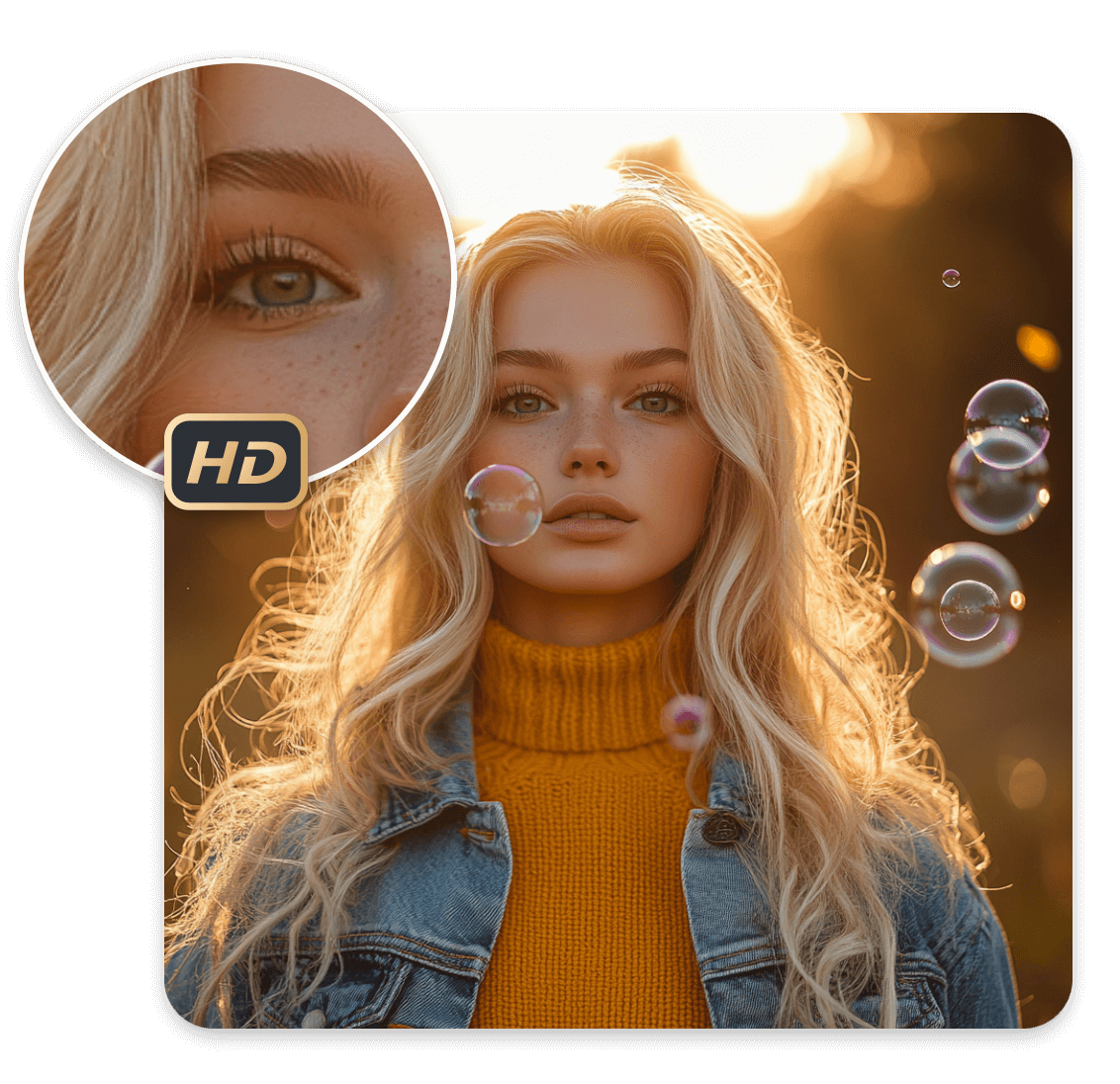 Upscale image resolution to HD with Clipfly AI photo enhancer featuring a blonde