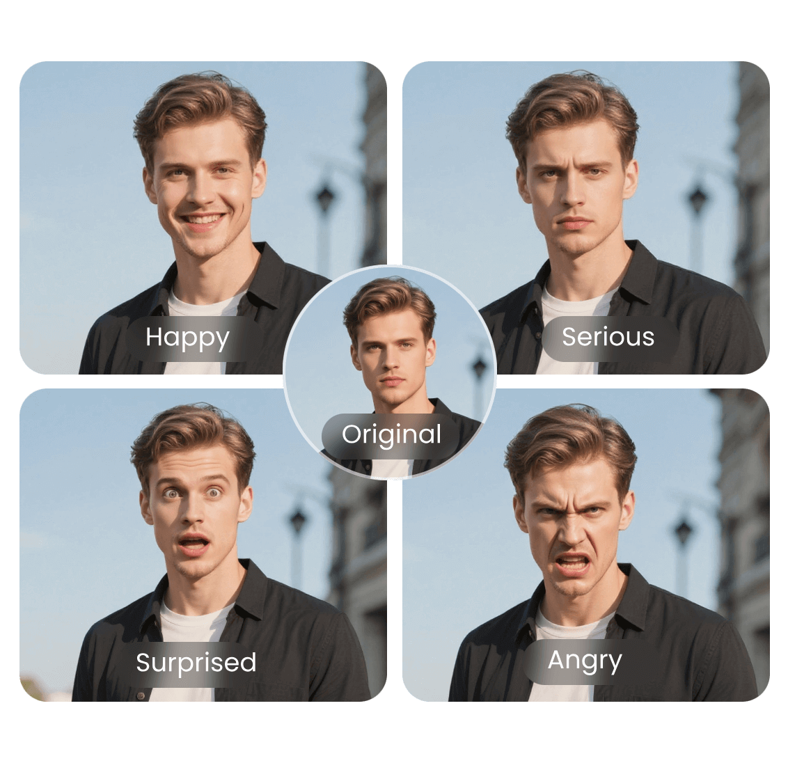 Use ai to change the expression of a man in the photo to various new expressions