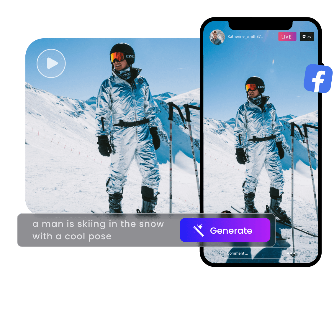 Use ai to create a reel of a cool skier for facebook in cliplfy