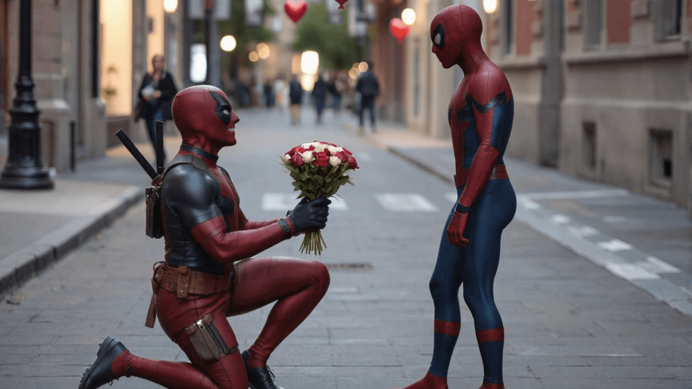 Use ai to generate a spoof video of deadpool proposing to spider man