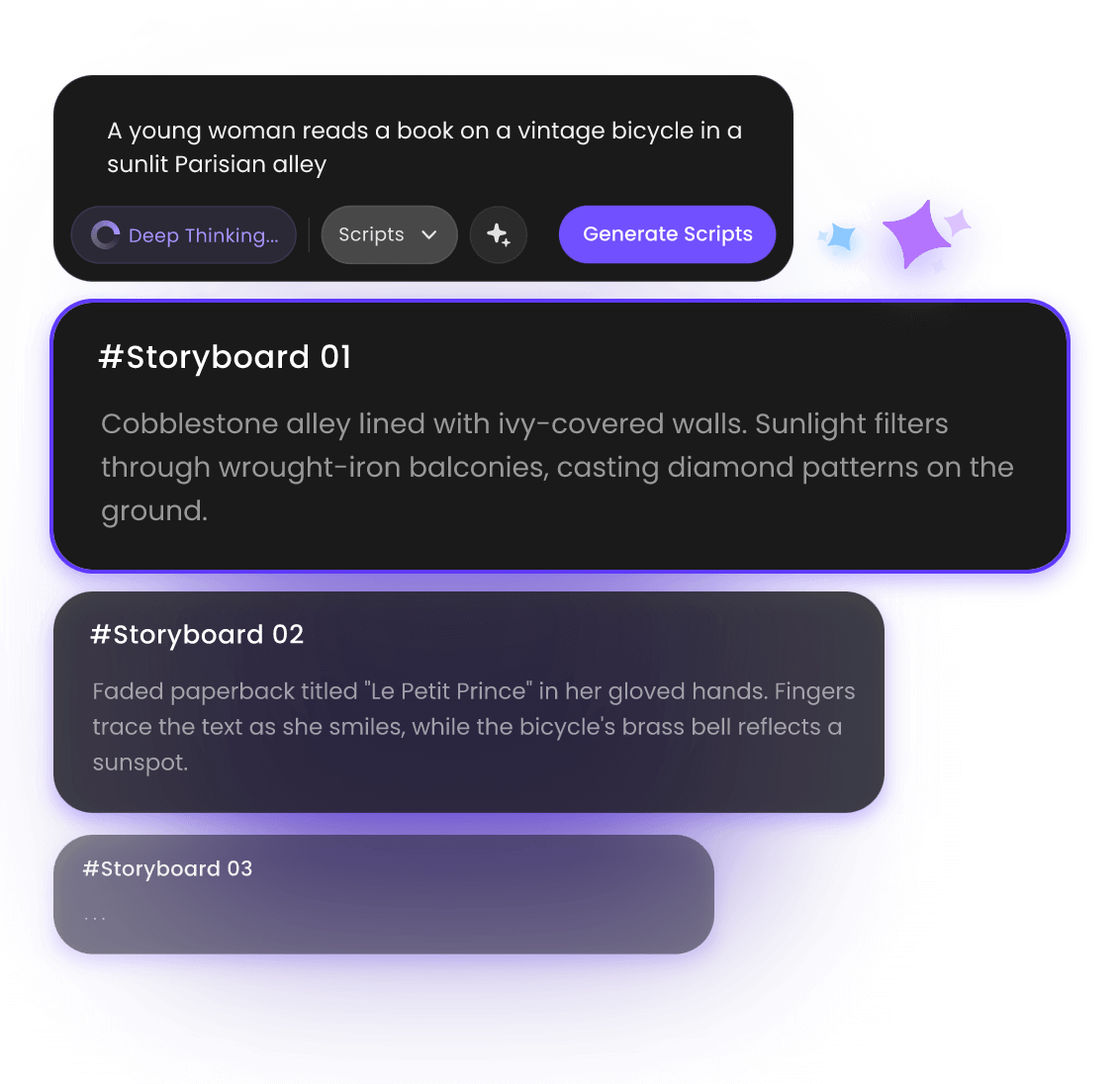 Use ai to generate storyboard scripts of a young woman reading a book