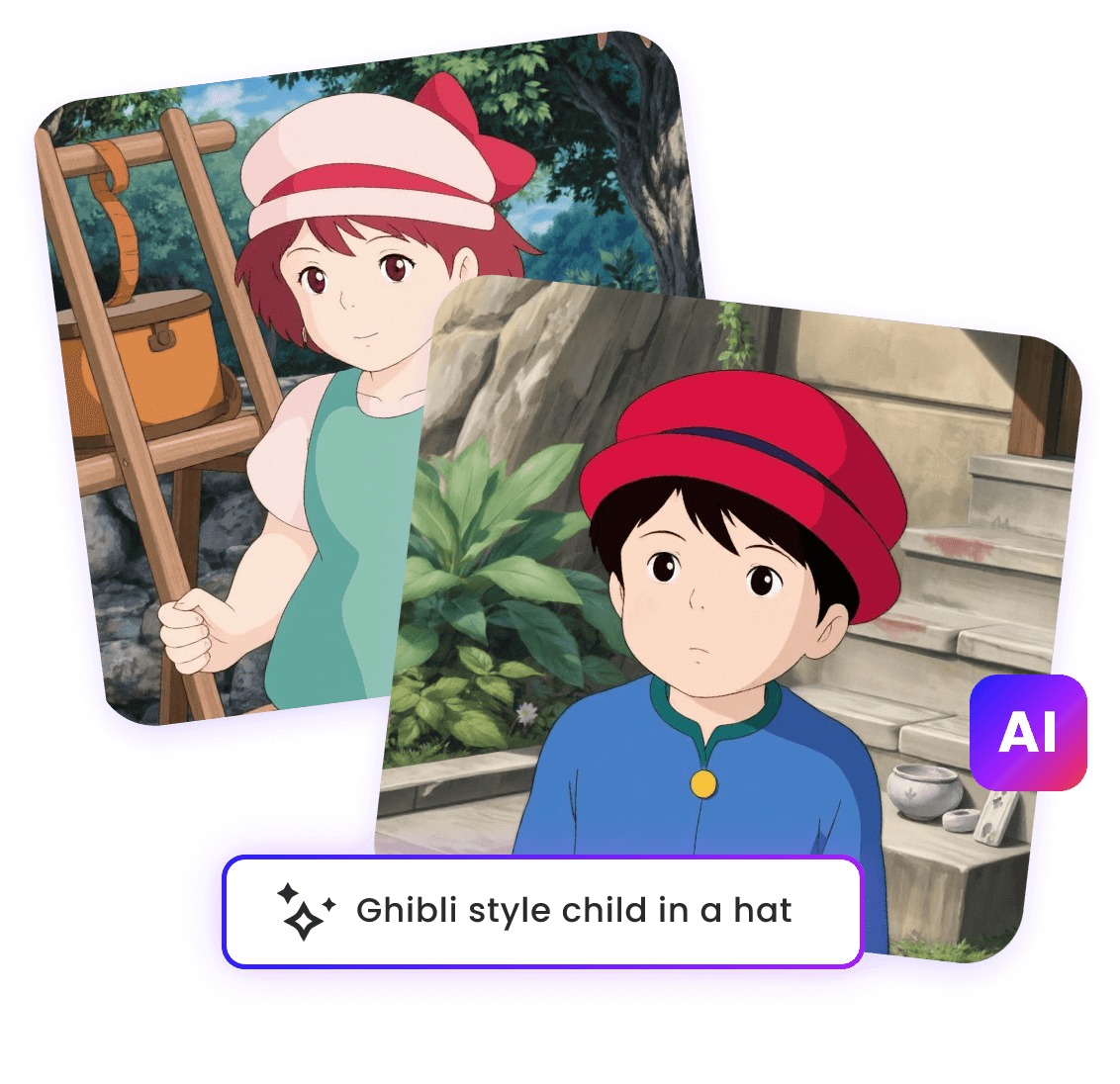 Mit Clipfly KI per Texteingabe zwei Mädchenbilder im Ghibli-Stil erstellen