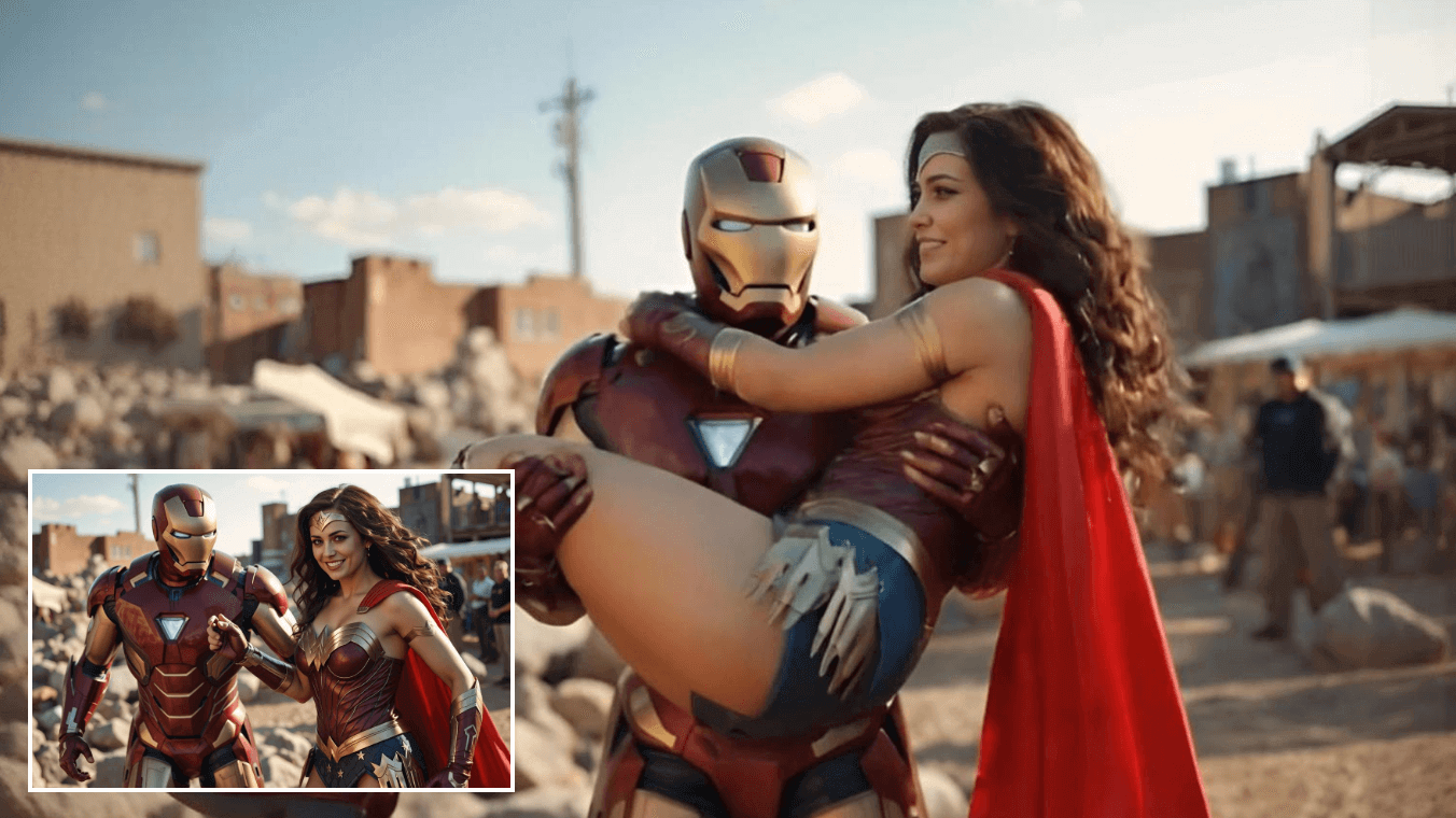 Utilizar a IA para fazer com que a princesa do Homem de Ferro carregue a Mulher Maravilha de forma humorística