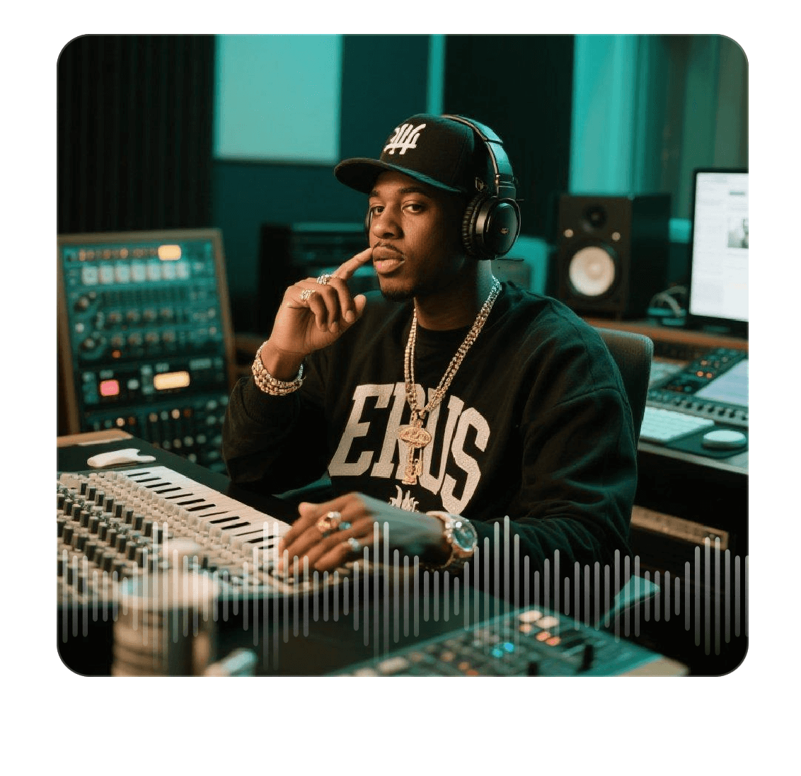 Verwenden Sie KI, um originelle Rap-Musik für einen Musikproduzenten zu produzieren.