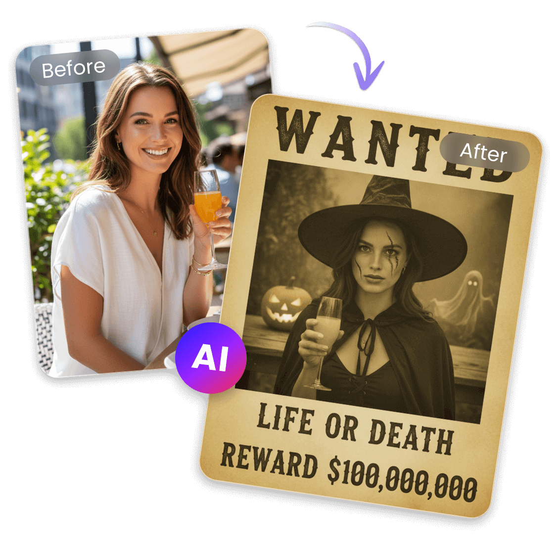 Mit nur einem Klick ein Halloween-Wanted-Poster mit dem Clipfly Halloween-Wanted-Poster-Generator erstellen